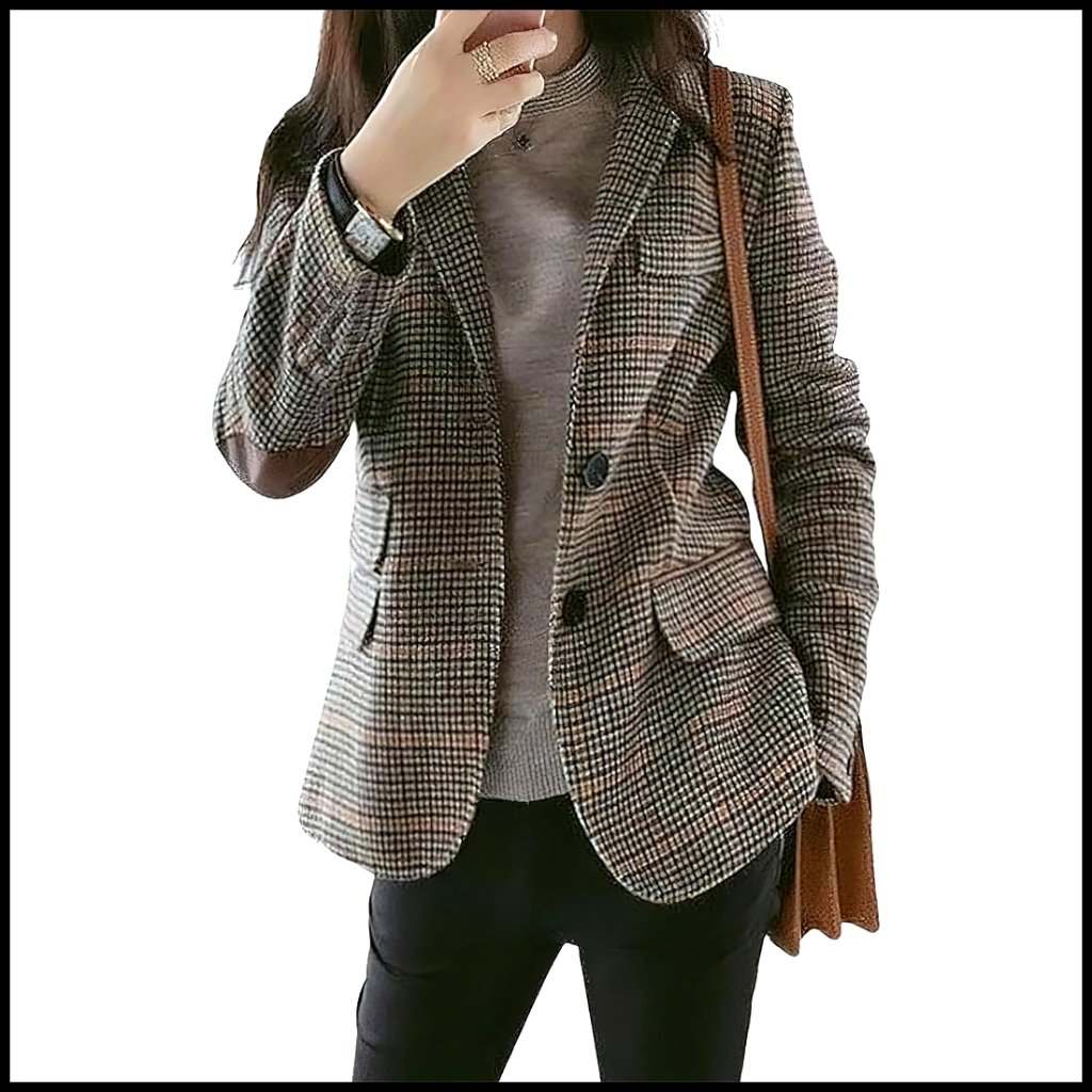 Wool Plaid Blazer Slim Fit Notched Lapel Elbow Patch Long Sleeve Jacket
